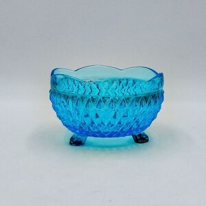 Indiana Glass Bowl Candy Dish Horizon Blue Diamond Point 3-Footed